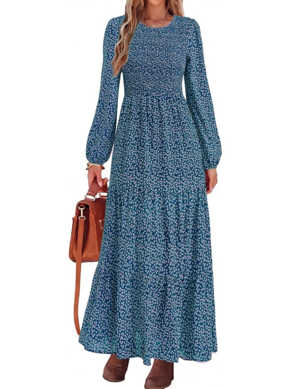 Women's Navy Trendy Outfits Long Sleeve Floral Boho A Line Maxi Fall Dresses